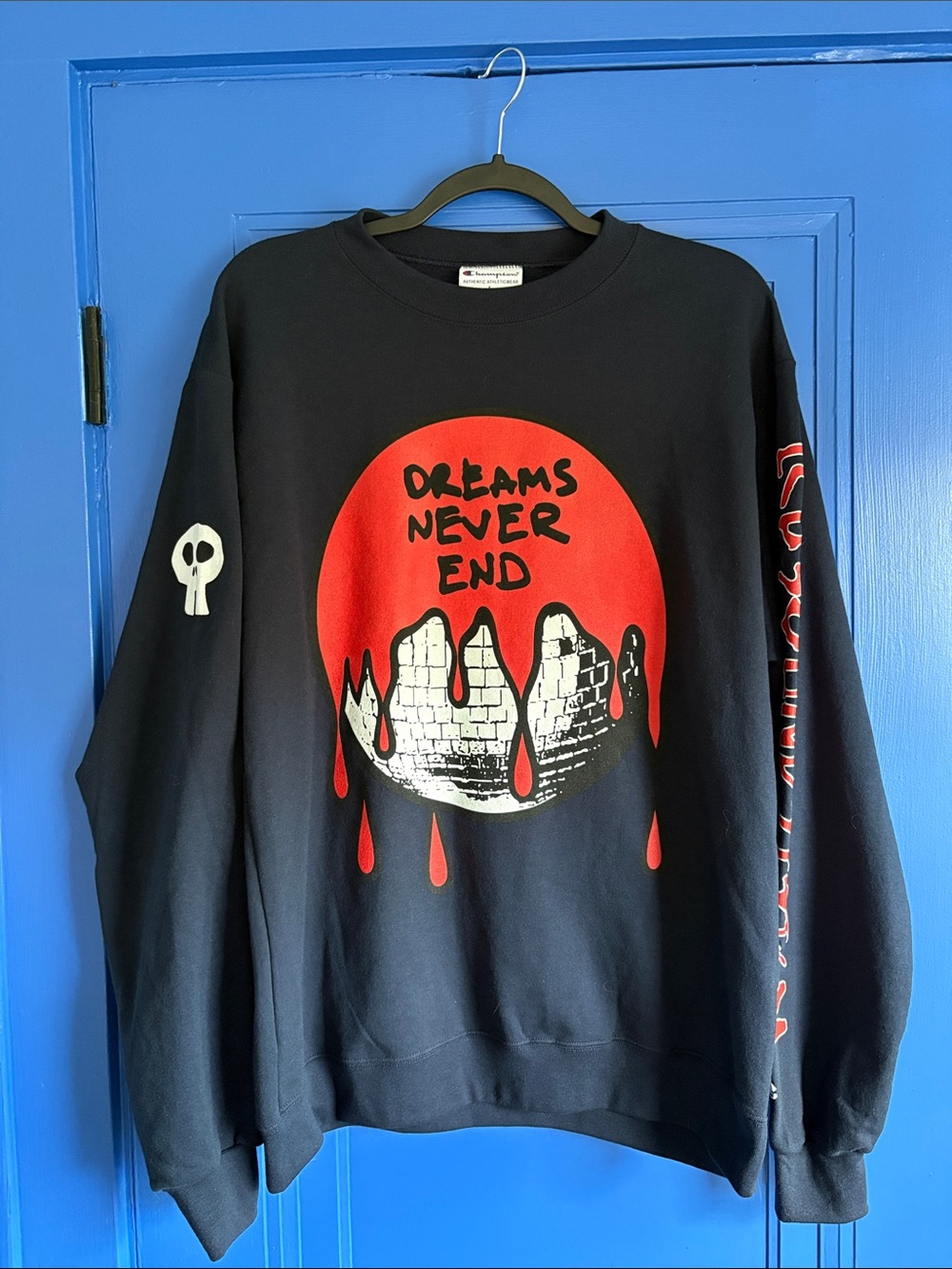 LCD SOUNDSYSTEM DREAMS NEVER END Crew Sweatshirt with Red & White Graphic